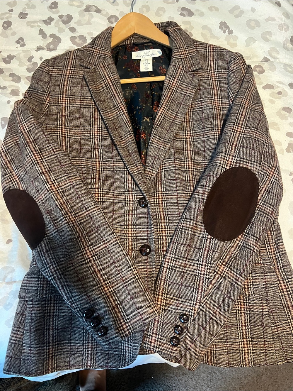 H&M Taupe Plaid Blazer with Brown Elbow Patches